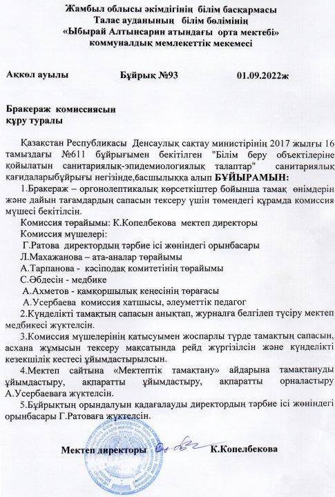 Бракераж комиссиясын құру  туралы